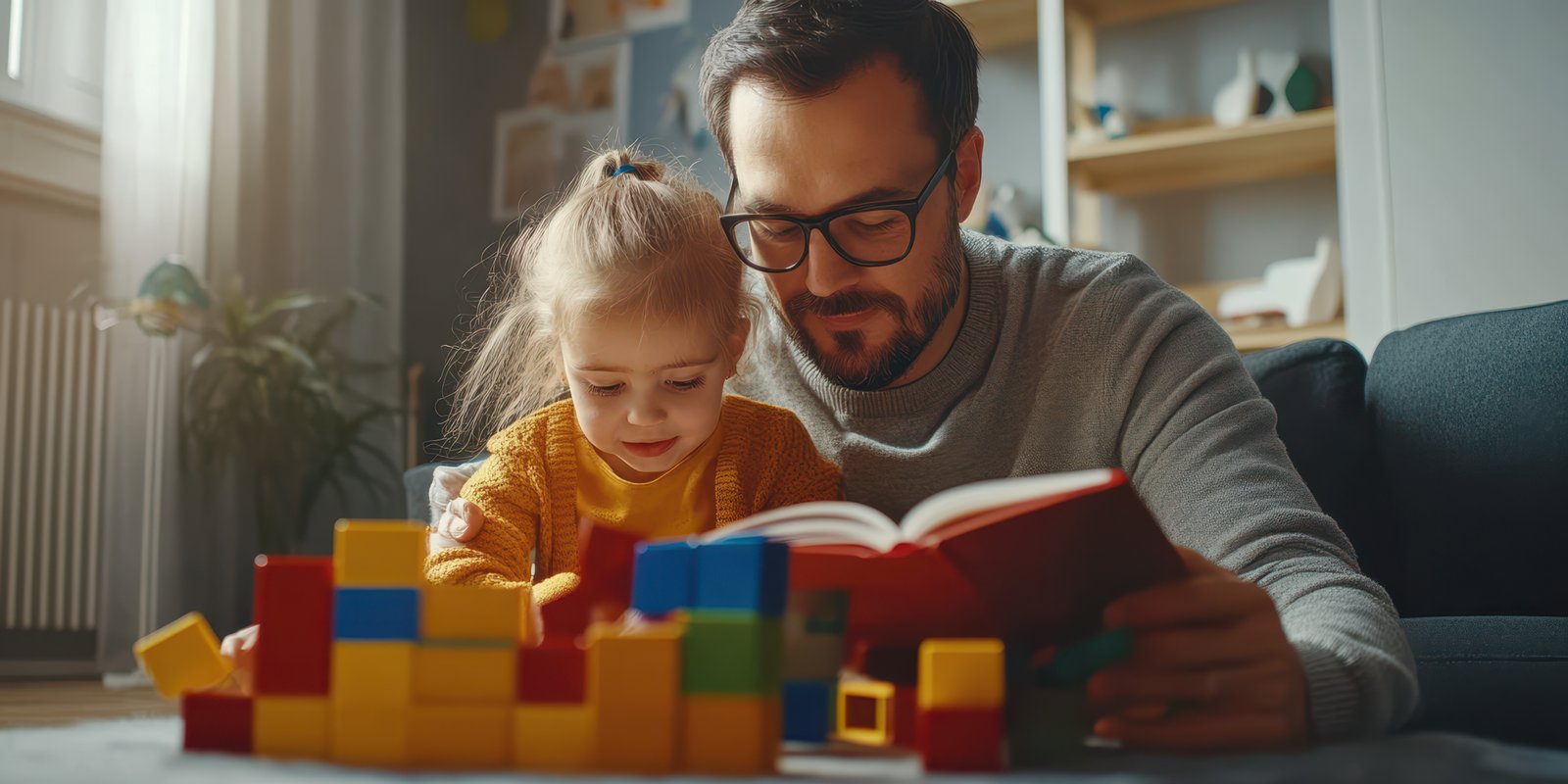 Father and daughter enjoy reading together while playing with colorful building blocks in cozy living room setting